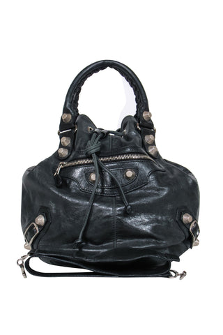 balenciaga - Black Leather Studded Motorcross Pompon Bucket Bag