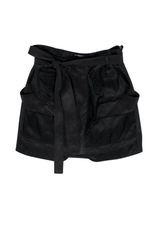 balenciaga - Black Reptile Embossed Belted Silk Miniskirt Sz 2
