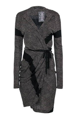 balenciaga - Black & Tan Polka Dot Wrap Dress Sz 6