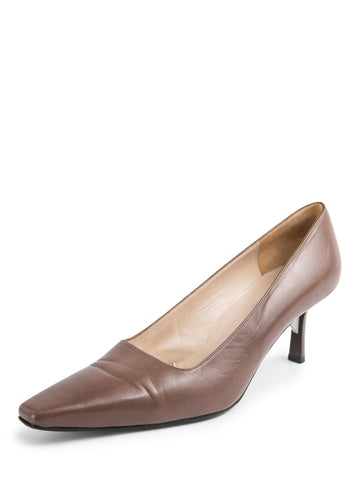 Chanel Logo Leather Pointy Toe Kitten Heels Shoes Brown