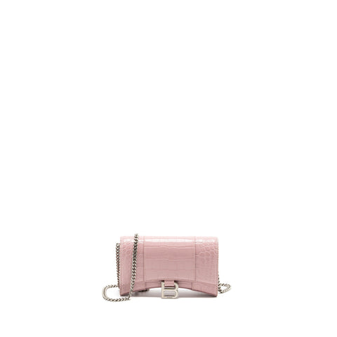 balenciaga Hourglass Wallet on Chain Croc-Embossed Calfskin Pink SHW