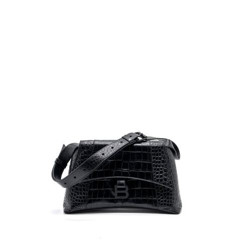 balenciaga Downtown Small Shoudler Bag Crocodile Embossed Black with Black Hardware