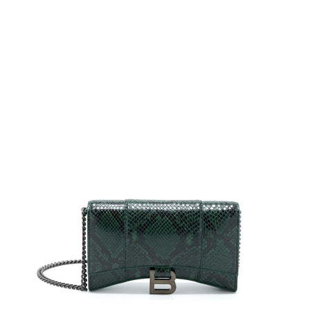 balenciaga Hourglass Wallet With Chain Python Embossed Calfskin Black/ Dark Green