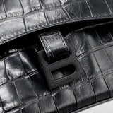 balenciaga Downtown Small Shoudler Bag Crocodile Embossed Black with Black Hardware