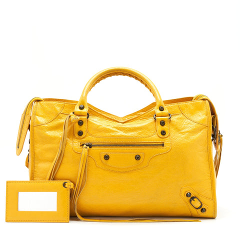 balenciaga classic city bag yellow ruthenium hardware