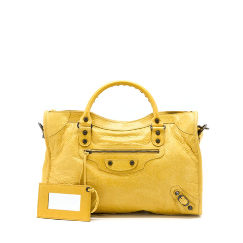 balenciaga Classic City Bag Lambskin Yellow with Black Hardware