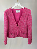*HOT* Chanel 21C Pink Tweed Jacket and Skirt Set with CC Logo Buttons Size FR 42 (UK 14)
