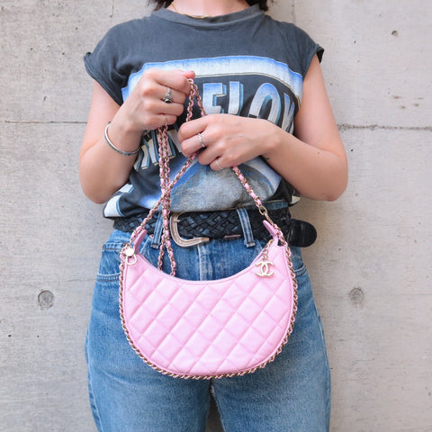 Auth Chanel Matelasse Lamb Skin Small Hobo Shoulder Bag Pink AS3917 Used F/S