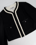 *SUPER HOT* Chanel 22C Black, White Metallic Tweed Trim Silk Jacket and Wide-Leg Trouser Set with Crystal CC Logo Detail Size FR 42-44 (UK 14-16) Jacket RRP ¬£5,420