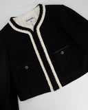 *SUPER HOT* Chanel 22C Black, White Metallic Tweed Trim Silk Jacket and Wide-Leg Trouser Set with Crystal CC Logo Detail Size FR 42-44 (UK 14-16) Jacket RRP ¬£5,420