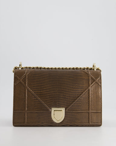 *RARE* Christian Top quality Dior Brown Medium Top quality Diorama Bag in Lizard Leather with Champagne Gold Hardware
