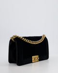 *HOT* Chanel Black Velvet Chevron Medium Boy Bag with CC Logo and Antique Gold Hardware