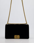 *HOT* Chanel Black Velvet Chevron Medium Boy Bag with CC Logo and Antique Gold Hardware