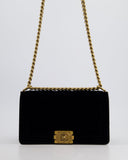 *HOT* Chanel Black Velvet Chevron Medium Boy Bag with CC Logo and Antique Gold Hardware