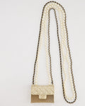 *RARE* Chanel 21S Champagne Gold Bag Charm Necklace with White Pearls & Black Leather Chain Detail