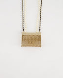 *RARE* Chanel 21S Champagne Gold Bag Charm Necklace with White Pearls & Black Leather Chain Detail