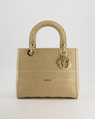 *FIRE PRICE* Christian Dior Medium Lady D-Lite Bag in Beige Cannage Canvas with Champagne Gold Hardware RRP ¬£4,300