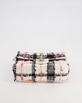 *HOT* Chanel White Tweed Mini Rectangular Single Flap Bag with Black & White Details and Silver Hardware