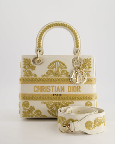 *RARE* Christian Top quality Dior Limited Edition Cruise 2021 Embroidered White Medium Lady Top quality Dior Bag in Calfskin Leather with Champagne Gold Hardware