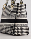 *RARE* Christian Dior Black & White Houndstooth Medium Lady Dior Bag in Canvas with Champagne Gold Hardware