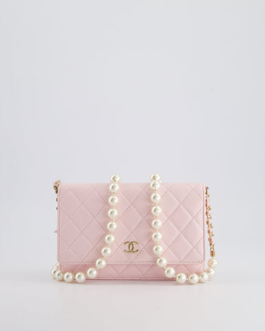 *HOT* Chanel Baby Pink Wallet on Chain in Lambskin Leather with Pearl Strap