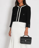 *SUPER HOT* Chanel 22C Black, White Metallic Tweed Trim Silk Jacket and Wide-Leg Trouser Set with Crystal CC Logo Detail Size FR 42-44 (UK 14-16) Jacket RRP ¬£5,420