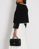 *SUPER HOT* Chanel 22C Black, White Metallic Tweed Trim Silk Jacket and Wide-Leg Trouser Set with Crystal CC Logo Detail Size FR 42-44 (UK 14-16) Jacket RRP ¬£5,420
