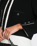 *SUPER HOT* Chanel 22C Black, White Metallic Tweed Trim Silk Jacket and Wide-Leg Trouser Set with Crystal CC Logo Detail Size FR 42-44 (UK 14-16) Jacket RRP ¬£5,420