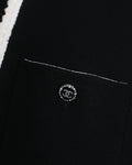 *SUPER HOT* Chanel 22C Black, White Metallic Tweed Trim Silk Jacket and Wide-Leg Trouser Set with Crystal CC Logo Detail Size FR 42-44 (UK 14-16) Jacket RRP ¬£5,420