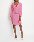 *HOT* Chanel 21C Pink Tweed Jacket and Skirt Set with CC Logo Buttons Size FR 42 (UK 14)