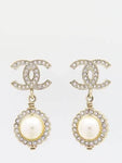 AB2307 CC Piercing Crystal Around Pearl Drop Gold Earrings Chanel