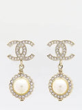 AB2307 CC Piercing Crystal Around Pearl Drop Gold Earrings Chanel