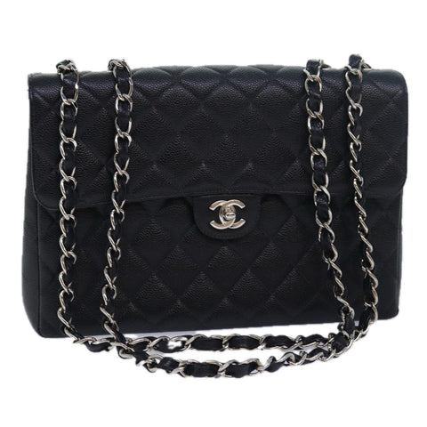 Chanel Matelasse 30 Turn Lock Chain Bag Caviar Skin Black CC Auth ar11992A