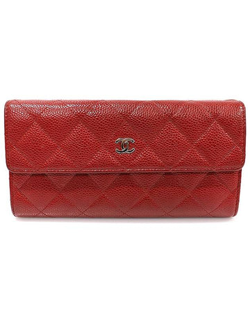 A50096 Red Caviar Silver CC Logo Classic Timeless Flap Long Wallet 21st Chanel