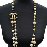 Chanel Long Double Strand Faux Pearl Necklace With Cc Logo
