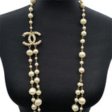 Chanel Long Double Strand Faux Pearl Necklace With Cc Logo