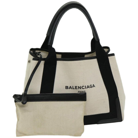 balenciaga Hand Bag Canvas White Black Auth bs12378