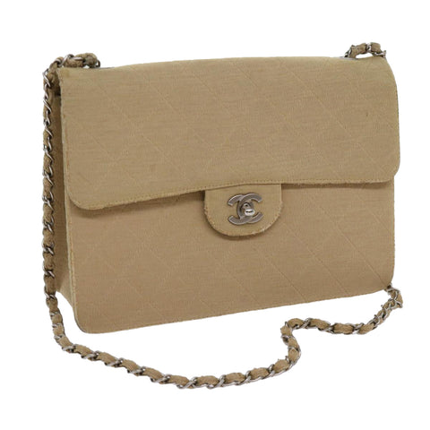 Chanel Matelasse Chain Turn Lock Shoulder Bag cotton Beige CC Auth bs13037