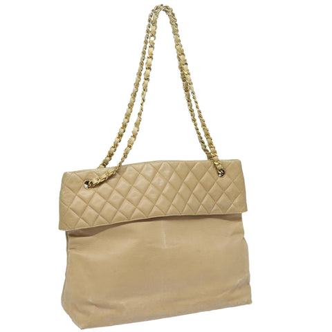 Chanel Matelasse Chain Tote Bag Leather Beige Gold CC Auth bs16657