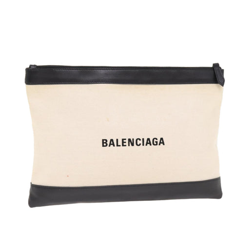 balenciaga Clip M Clutch Bag Canvas Leather Beige Silver 373834 Auth bs16915