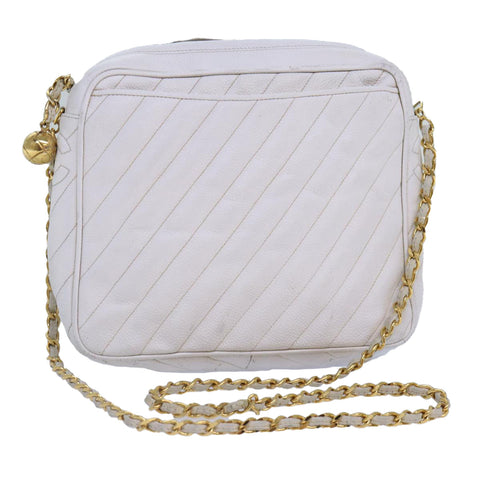 Chanel Mademoiselle Chain Shoulder Bag Caviar Skin White Gold CC Auth bs17332