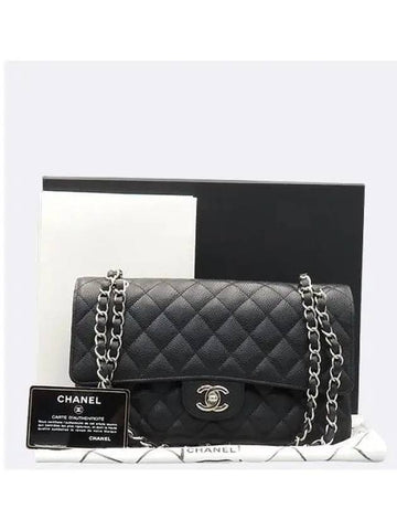 A01112 Black Caviar Skin Classic Medium Silver Chain Flap Shoulder Bag Chanel