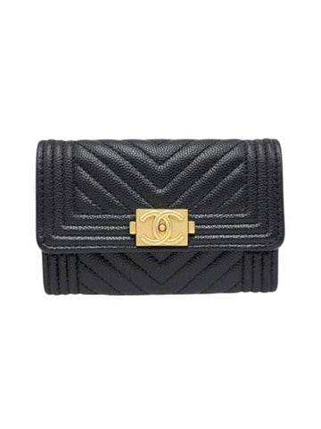 A80603 Black Caviar Skin Boy Chevron Card Business Holder Chanel