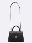 A92990 Black Caviar Grained Vintage Gold Coco Handle Small Flap Tote Bag Chain Cross Trap 2way Chanel