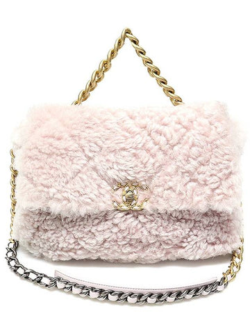 AS1161 Pink Shearling Fleece Metal 19 Nineteen Large Flap Shoulder Bag 30s Chanel