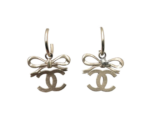 Chanel Lt Gold Ribbon Bow CC Hoop Earrings