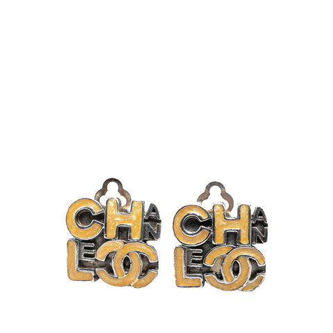Chanel Logo Metal Earrings Silver Beige
