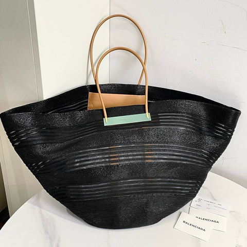 balenciaga Basket Tote XL Black Straw Bag #13560