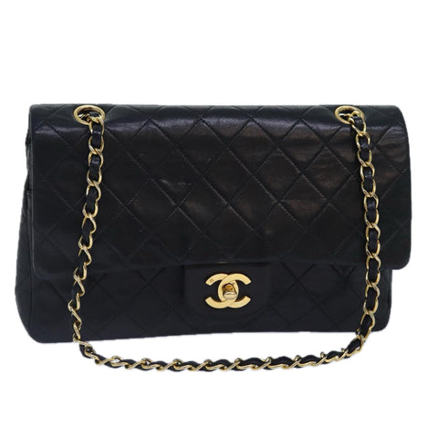Chanel Matelasse 25 Turn Lock Chain Bag Lamb Skin Black Gold CC Auth yk14418