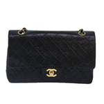 Chanel Matelasse 25 Turn Lock Chain Bag Lamb Skin Black Gold CC Auth yk14418